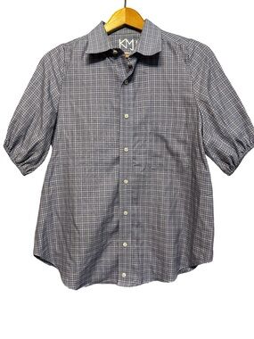 KMJ Blue Plaid Button Up Shirt SZ Small Short Sleeve Collared Casual Top Luxury